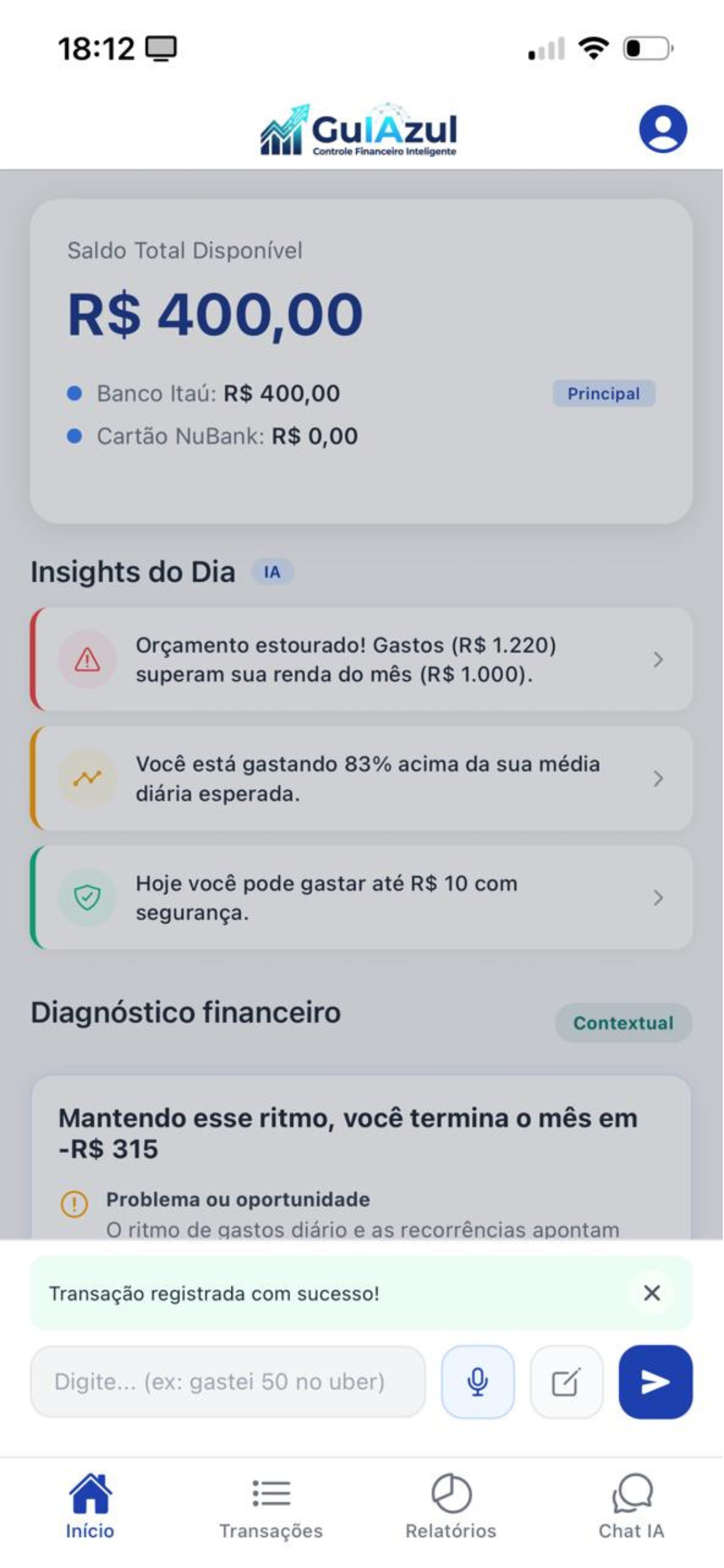 Tela Home do Guia Azul — Painel financeiro com saldo e insights de IA