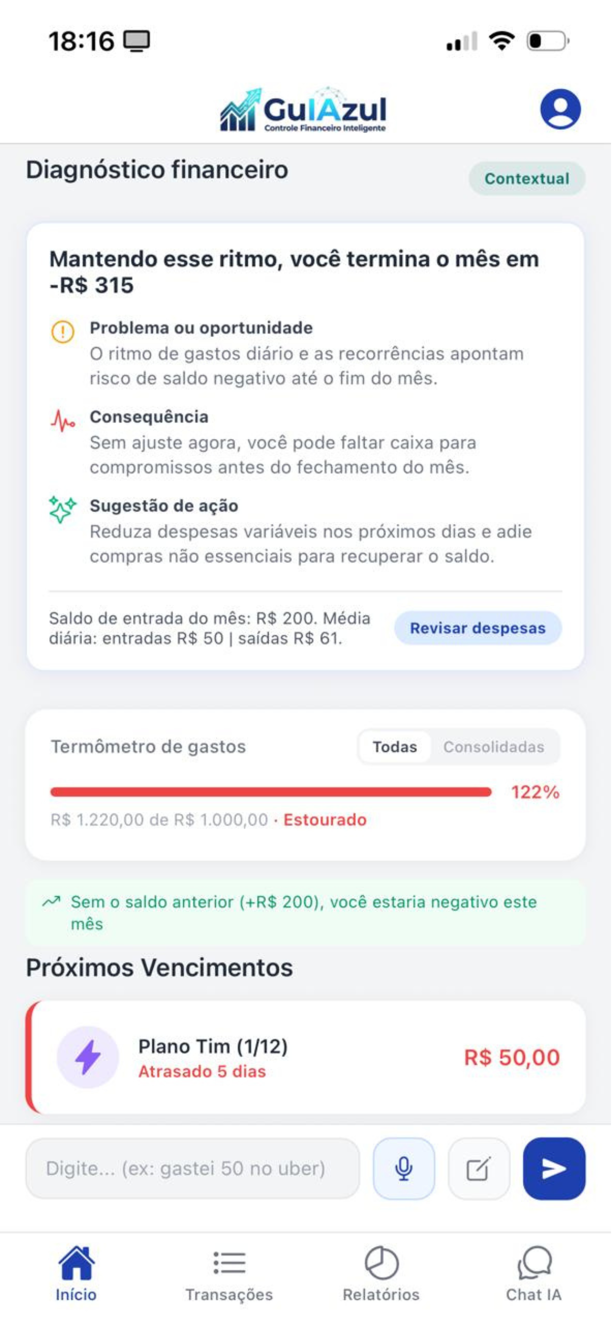 Home continuação — Quick Input e insights da IA