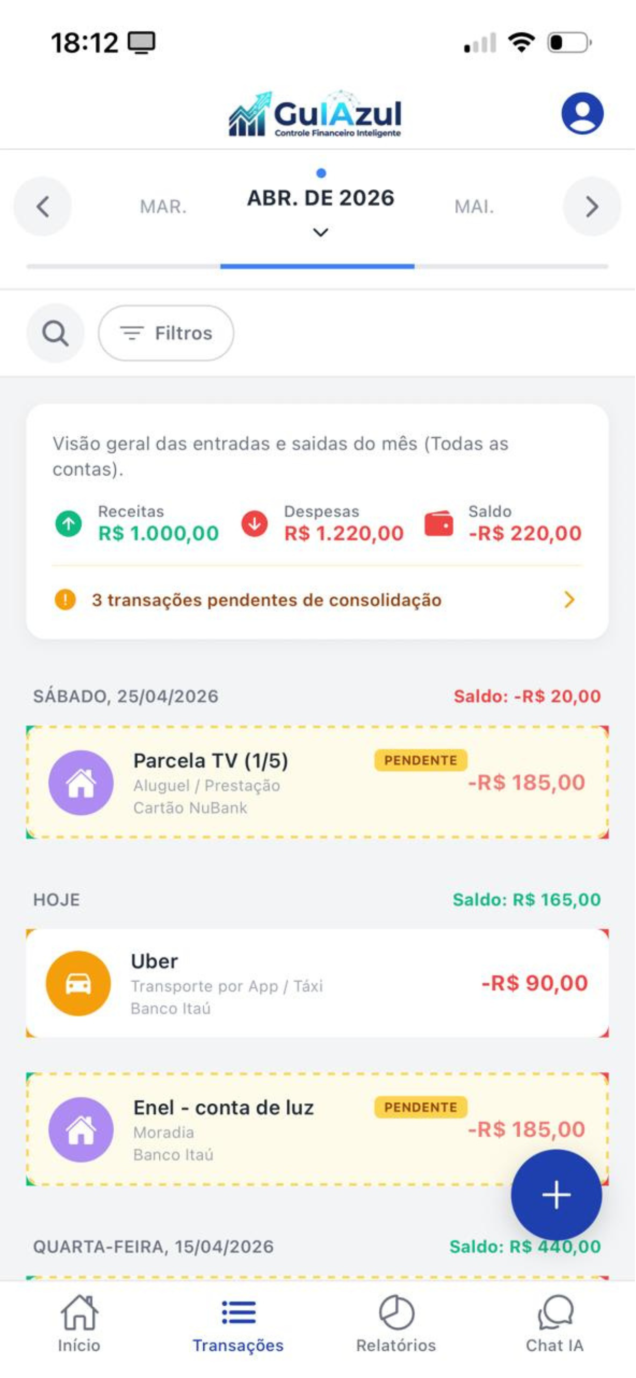 Lista de Transações — histórico agrupado por data
