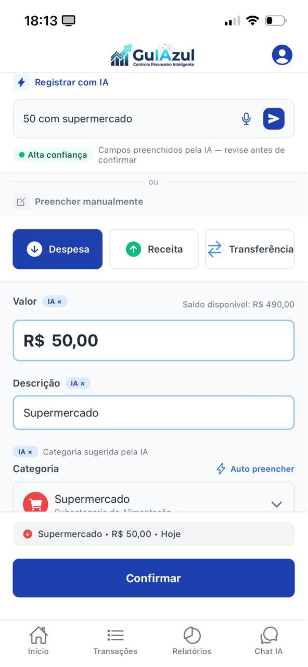 Nova Transação — formulário com sugestão automática de categoria