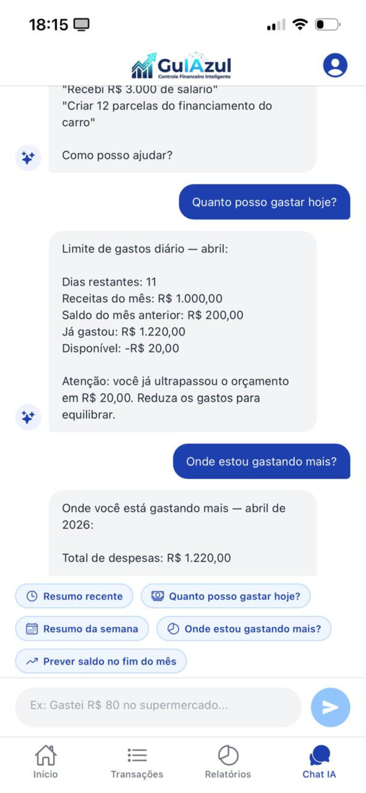 Chat com IA — assistente financeiro em linguagem natural